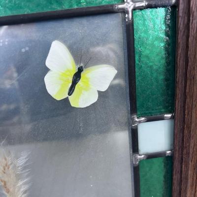 Leaded Glass Window Pane and Mirrored Back Butter Fly and Flower 