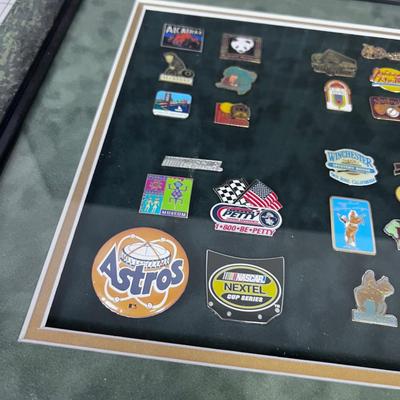 Another Collection of Pins, framed; Dinosaur, Panda and The Little Big Horn 