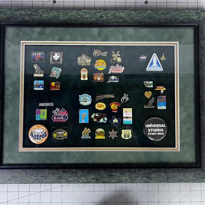 Another Collection of Pins, framed; Dinosaur, Panda and The Little Big Horn 