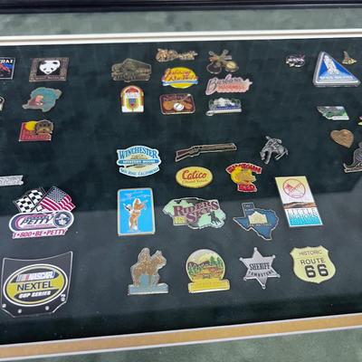 Another Collection of Pins, framed; Dinosaur, Panda and The Little Big Horn 