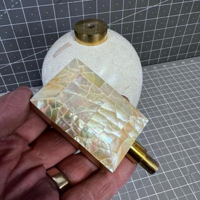 DECORATIVE STONE VASE AND BRASS TOP AND STOPPER