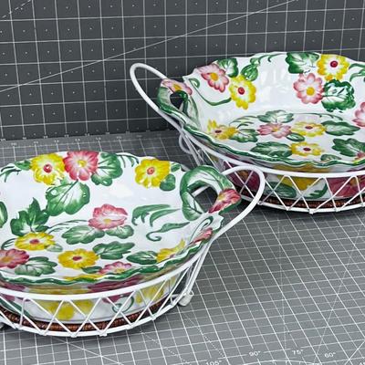 2 Yellow & Orange Floral TEMPTATION Serving With White Wire Cradles
