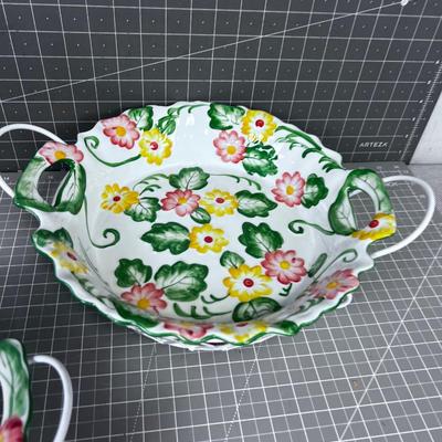 2 Yellow & Orange Floral TEMPTATION Serving With White Wire Cradles