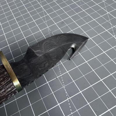 Stag Handled, Damascus Blade, Hunting Knife with Gut Hook