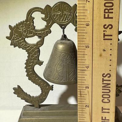 Chinese Brass Dragons with Bell, Brass Gong (with Striker), Etched Brass Dragons Statue with Hanging Brass Bell. Preowned from an Estate.