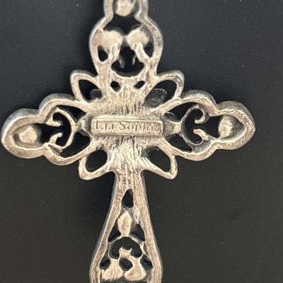 Lia Sophia Silver Tone 2.25 Inch Rhinestone Cross Adjustable Length Necklace