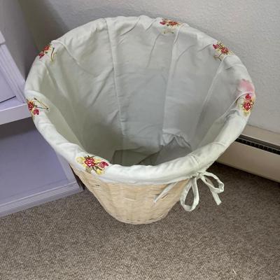 B2- Light purple nightstand, coat rack & wicker basket