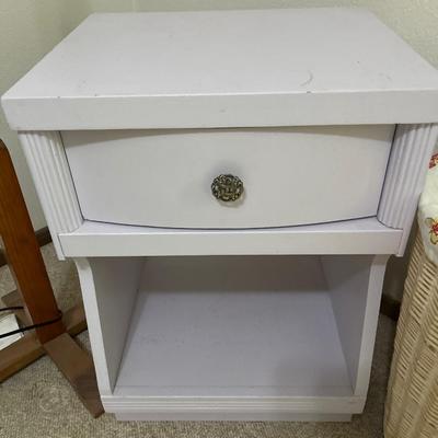 B2- Light purple nightstand, coat rack & wicker basket