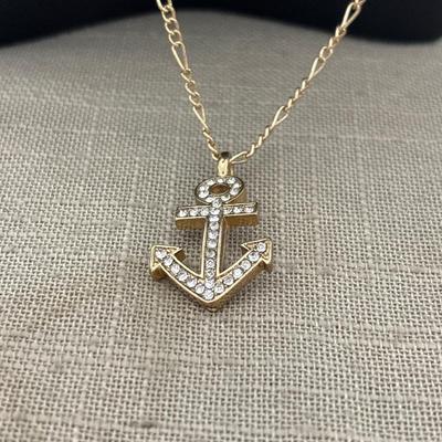 Gold tone silver rhinestone anchor necklace