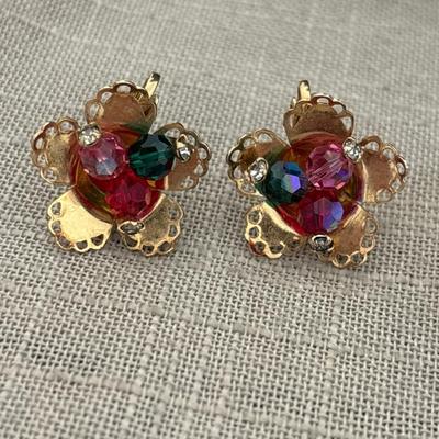 Vintage gold toned clip on earrings with red and green beads