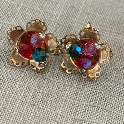 Vintage gold toned clip on earrings with red and green beads