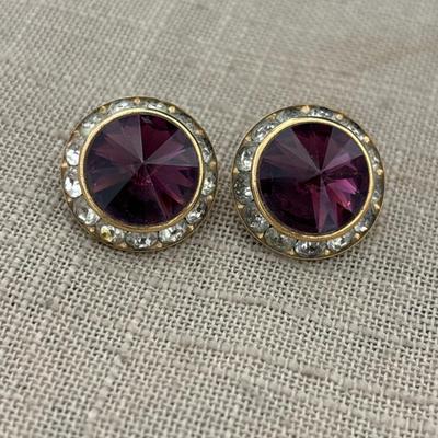 Deep purple pin earrings with saucer Stone. Western antique jewelry