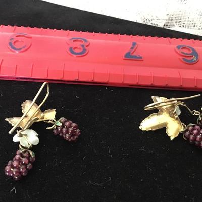 Gold Wash Sterling Silver 925 Garnet Raspberry Enamel Leaf Dangle Earrings