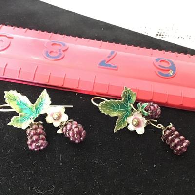 Gold Wash Sterling Silver 925 Garnet Raspberry Enamel Leaf Dangle Earrings
