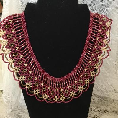Beautiful Cranberry ,Gold,,Taupe in Color Glass Beaded Collar Necklace