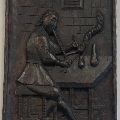 Vintage Folk Art Carved plaque 3D Medieval scribe