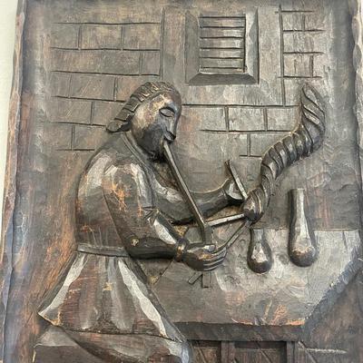 Vintage Folk Art Carved plaque 3D Medieval scribe