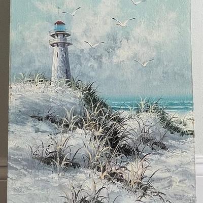 Signed Gordon Oil Painting A Lighthouse 24 x12