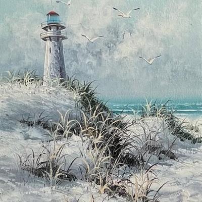 Signed Gordon Oil Painting A Lighthouse 24 x12