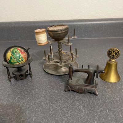 B37- Vintage sewing organizer, 2 pencil sharpeners & bell