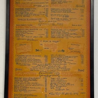 Original Vintage Large Italian Menu for a Collector Framed on Board