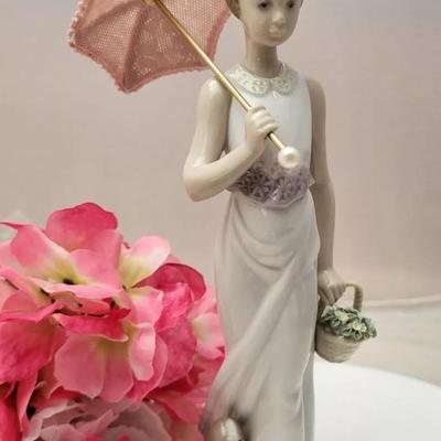 Retired Lladro Figurine 7617 Garden Classic Girl W/ Parasol, Dog & Flower Basket