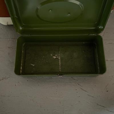 PROPANE STOVE, METAL COOLER, FISHING POLE W/REEL, TACKLE BOX AND RUBBER BOOTS