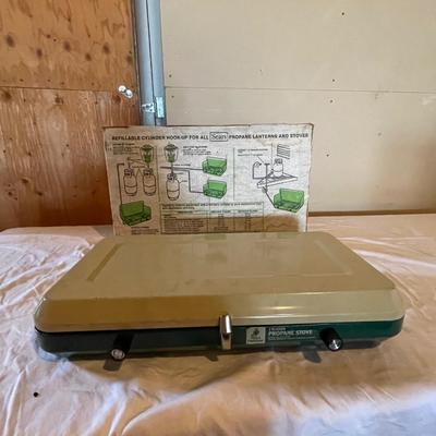 PROPANE STOVE, METAL COOLER, FISHING POLE W/REEL, TACKLE BOX AND RUBBER BOOTS