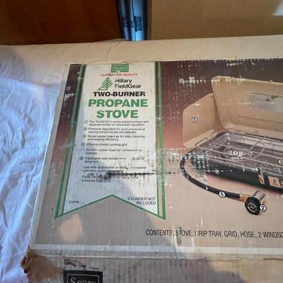 PROPANE STOVE, METAL COOLER, FISHING POLE W/REEL, TACKLE BOX AND RUBBER BOOTS