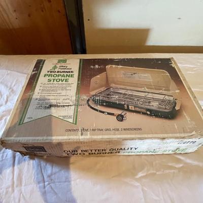 PROPANE STOVE, METAL COOLER, FISHING POLE W/REEL, TACKLE BOX AND RUBBER BOOTS