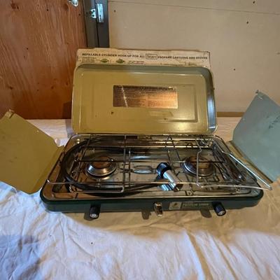 PROPANE STOVE, METAL COOLER, FISHING POLE W/REEL, TACKLE BOX AND RUBBER BOOTS
