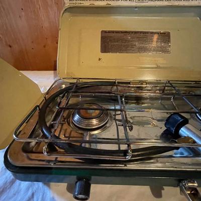 PROPANE STOVE, METAL COOLER, FISHING POLE W/REEL, TACKLE BOX AND RUBBER BOOTS