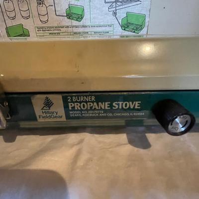 PROPANE STOVE, METAL COOLER, FISHING POLE W/REEL, TACKLE BOX AND RUBBER BOOTS