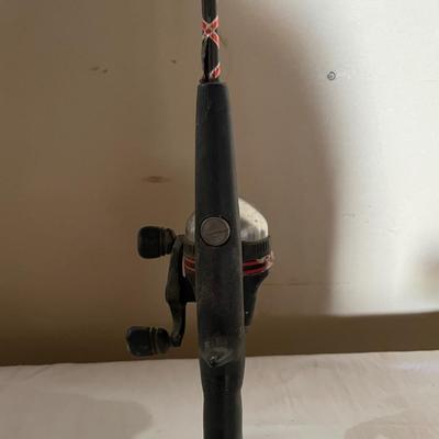 PROPANE STOVE, METAL COOLER, FISHING POLE W/REEL, TACKLE BOX AND RUBBER BOOTS