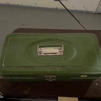 PROPANE STOVE, METAL COOLER, FISHING POLE W/REEL, TACKLE BOX AND RUBBER BOOTS