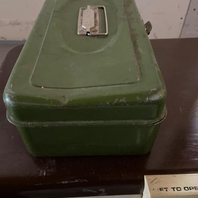 PROPANE STOVE, METAL COOLER, FISHING POLE W/REEL, TACKLE BOX AND RUBBER BOOTS