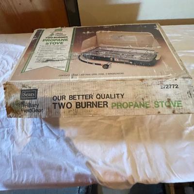 PROPANE STOVE, METAL COOLER, FISHING POLE W/REEL, TACKLE BOX AND RUBBER BOOTS