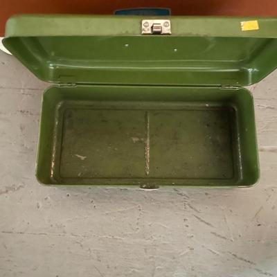 PROPANE STOVE, METAL COOLER, FISHING POLE W/REEL, TACKLE BOX AND RUBBER BOOTS
