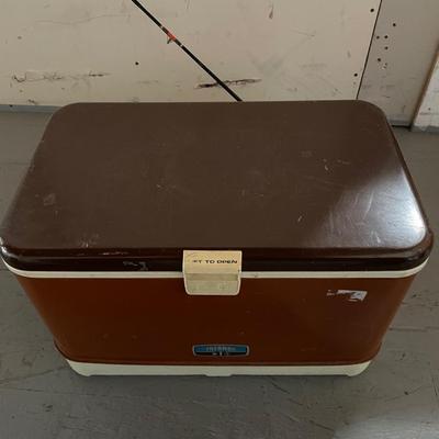 PROPANE STOVE, METAL COOLER, FISHING POLE W/REEL, TACKLE BOX AND RUBBER BOOTS
