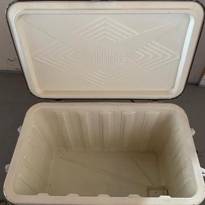 PROPANE STOVE, METAL COOLER, FISHING POLE W/REEL, TACKLE BOX AND RUBBER BOOTS