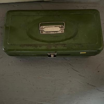 PROPANE STOVE, METAL COOLER, FISHING POLE W/REEL, TACKLE BOX AND RUBBER BOOTS