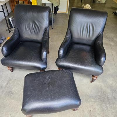 Pair of Leather Arnchairs & Matching Ottoman (G-JS)