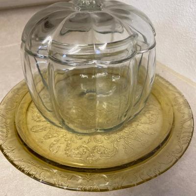 K20- Amber depression glass tray & glass pumpkin jar