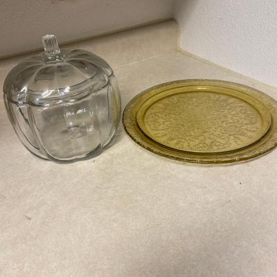 K20- Amber depression glass tray & glass pumpkin jar