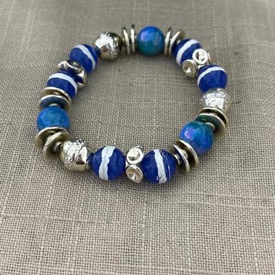 Silver tone and blue beaded bracelet