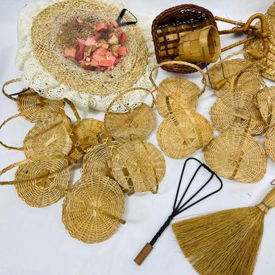 Craft Supply lot #1 - miniature straw baskets, straw brooms, metal rug beaters, fans