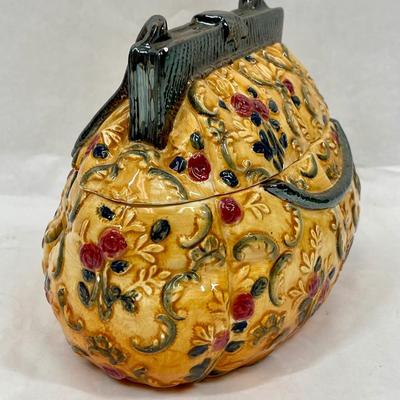 Vintage Rose Covered Yellow Clutch Purse Ceramic Cookie Jar