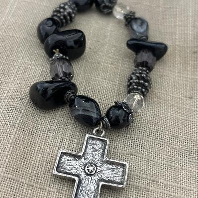 Black nuggets and beaded with cross charm bracelet