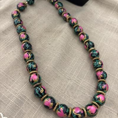 Hand painted black beaded gold tone necklace