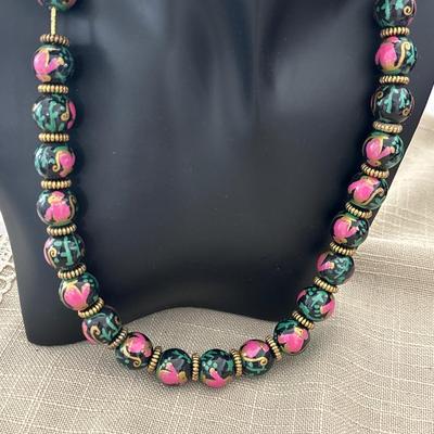 Hand painted black beaded gold tone necklace